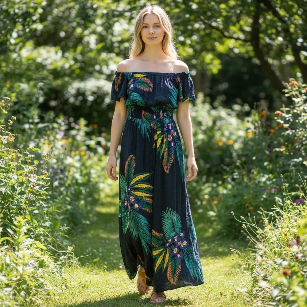 Patrons of Peace Maxi Dress Womens Small Navy Blue Tropical Floral Boho Summer